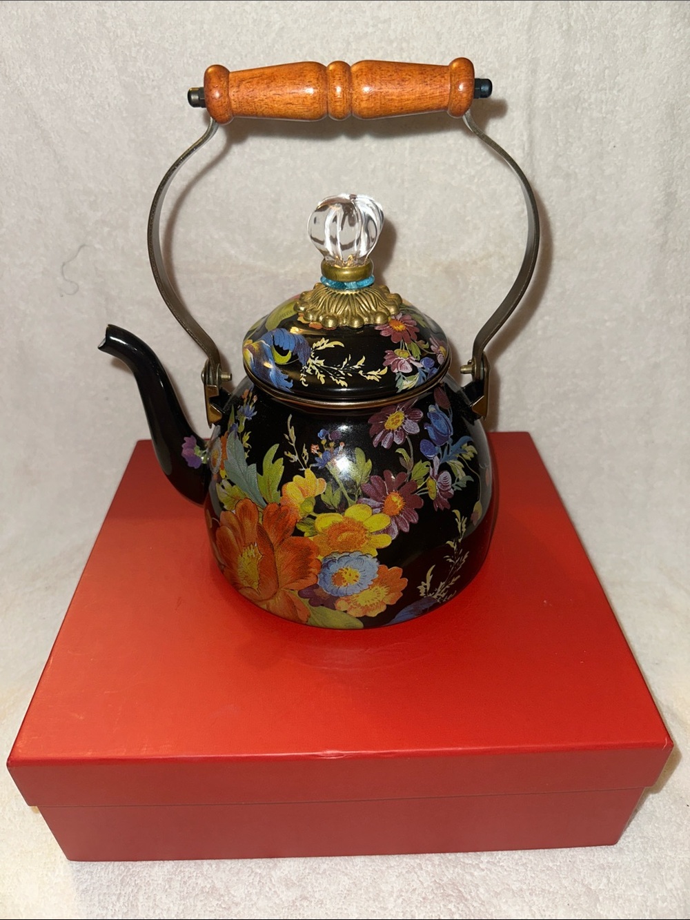 MacKenzie-Childs Floral Black Enamel Tea Kettle with Wooden Handle - Picture 2 of 7